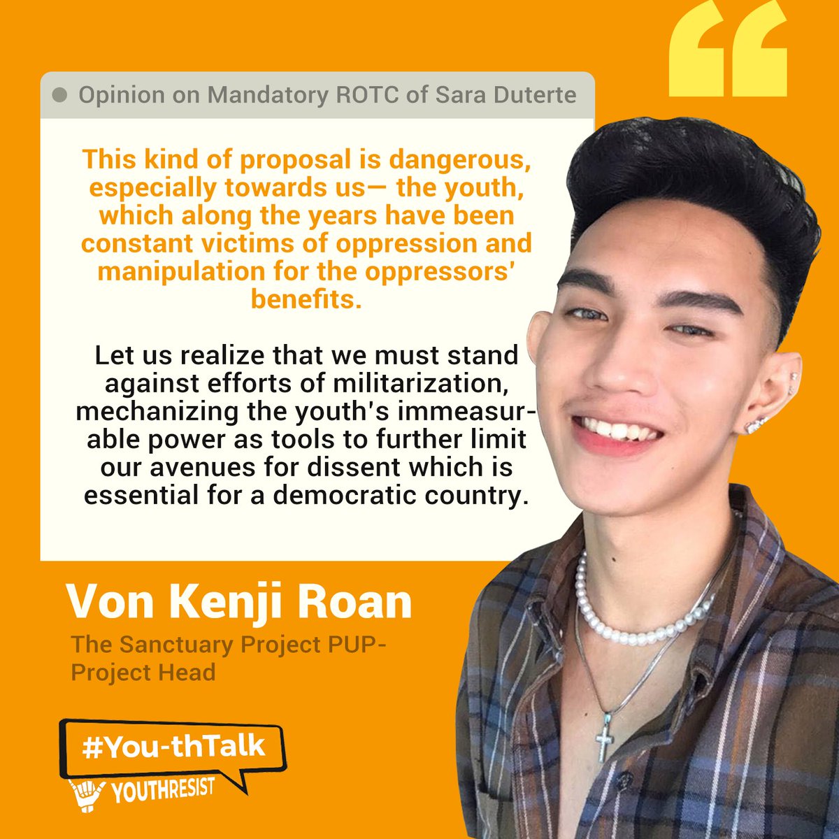 Ano nga ba ang sigaw ng kabataan ukol sa opinyon at suhestiyon ni VP aspirant Mayor Sara Duterte na gawing mandatory ang ROTC sa bansa? Bilang kabataan, anong say mo? Feel free to drop your tweets below. 
Ayon kay Kenji ng the Sanctuary Project PUP: