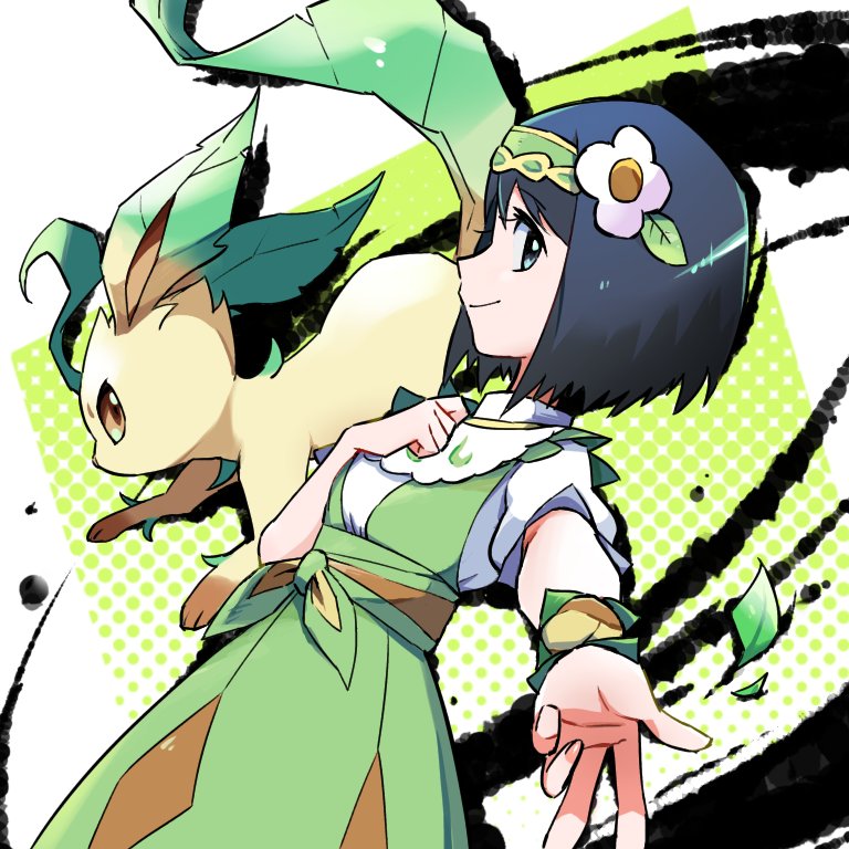 erika (pokemon) ,leafeon 1girl pokemon (creature) closed mouth smile official alternate costume hair flower dress  illustration images