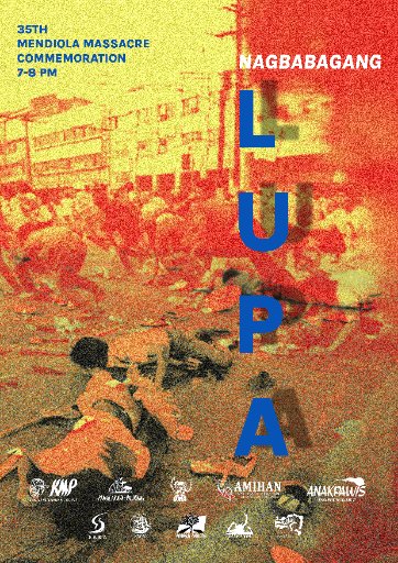 kmp_phl's tweet photo. Wakasan ang tiraniya, kamtin ang hustisya! Tunay na reporma sa lupa ipaglaban!

Jan 21: 7pm. Twitter Spaces AMGL, Anakbayan CL

Jan 22:
9am onwards - Social Media Rally #JusticeMendiolaMassacre

2:30pm - Amihan AP Forum via Zoom, FB

7-8pm - Nagbabagang Lupa online program via FB https://t.co/T1FMdhHs7K