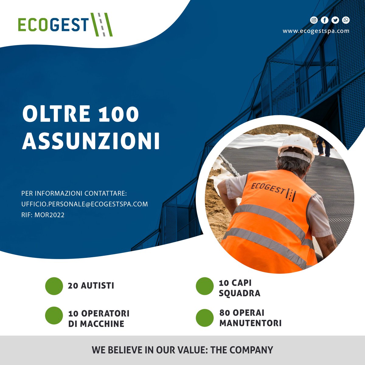 ECOGESTservizi's tweet photo. Ricerchiamo oltre 100 risorse umane da distribuire sui nostri cantieri autostradali per eseguire lavori di messa in sicurezza:

20 autisti patente C-cqc;
10 capi squadra;
10 operatori di macchine;
80-100 operai.

Per info contattare :ufficio.personale@ecogestspa.com https://t.co/p7wFpIuVO7