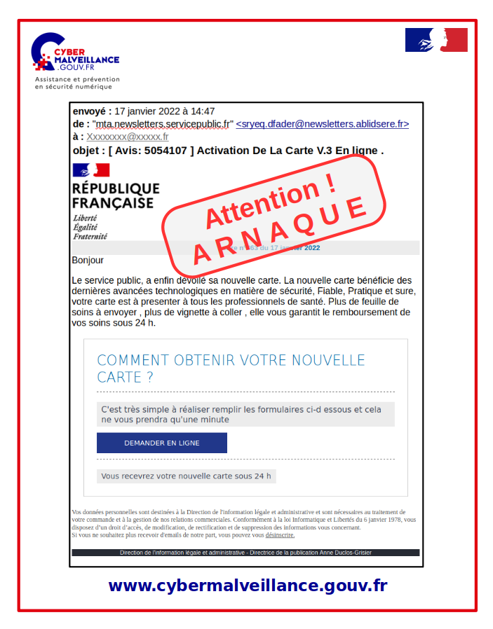 PoliceNationale's tweet photo. [#MardiConseil] 🚨 Un vague de faux mails ou sms au sujet de la mise à jour ou du renouvellement de votre carte vitale est en cours.
❌Ne répondez pas,
➡️Signalez sur https://t.co/5rwhE51bIM
➡️Suivez les conseils de @cybervictimes https://t.co/UqUkNKfRY4
