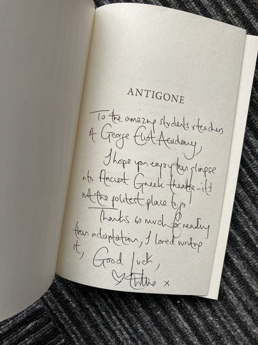 ges_english's tweet photo. We’re very excited to have received this signed copy of Antigone by @holliepoetry Can’t wait to start reading it! @GeorgeEliotAcad #Antigone #HollieMcNish https://t.co/ja8eRqV8gp