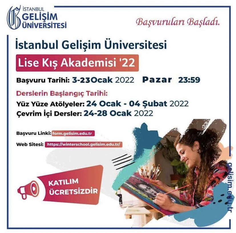 Lise Kış Akademisi’22 başlıyor. Başvurular ve detaylı bilgi için lütfen okulumuzun resmi internet sitesi ve winterschool.gelisim.edu.tr adresini ziyaret ediniz. Son 2 gün.. #igugelisim