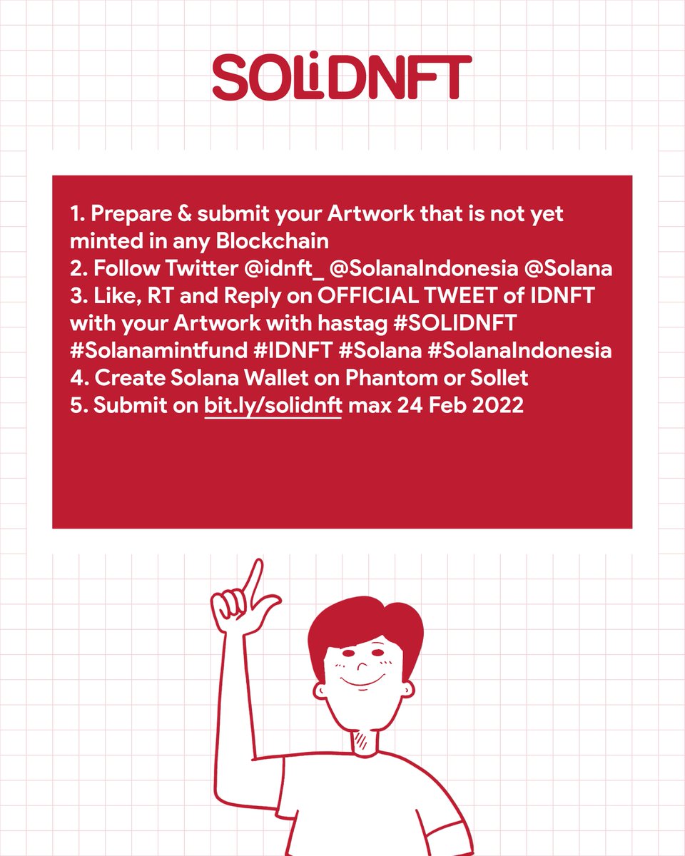 IDNFT x Solana present: Solana Mint Fund for Indonesian Creators worth $5000 USD (IDR 70.000.000).

Rules:
1. Follow <a href="/idnft_/">IDNFT</a> <a href="/SolanaIndonesia/">Solana Indonesia</a> @Solana
2. Like, RT and Reply this tweet with your Artwork with hastag #SOLIDNFT #Solanamintfund #IDNFT #Solana #SolanaIndonesia 
Cont..