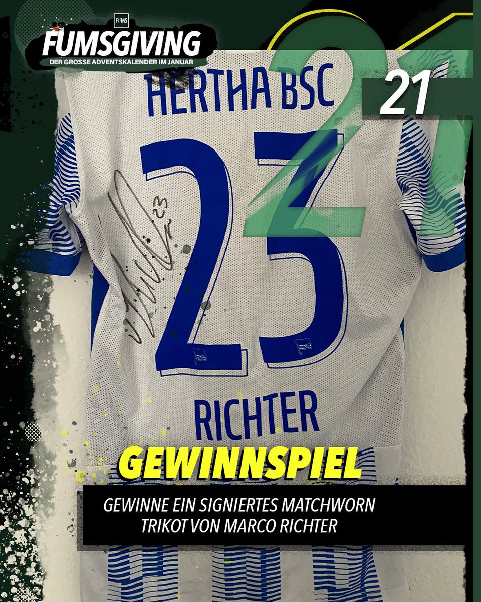 Anzeige I #GEWINNSPIEL 🚨

#FUMSGIVING geht so langsam dem Ende zu, aber heute verlosen wir nochmal ein signiertes Matchworn-Trikot von #Hertha-Profi Marco #Richter 🔵⚪️ #hahohe 

Alles, was ihr machen müsst: 
• Beitrag liken &amp; retweeten
• <a href="/fums_magazin/">FUMS</a> folgen ✅ (1/2)