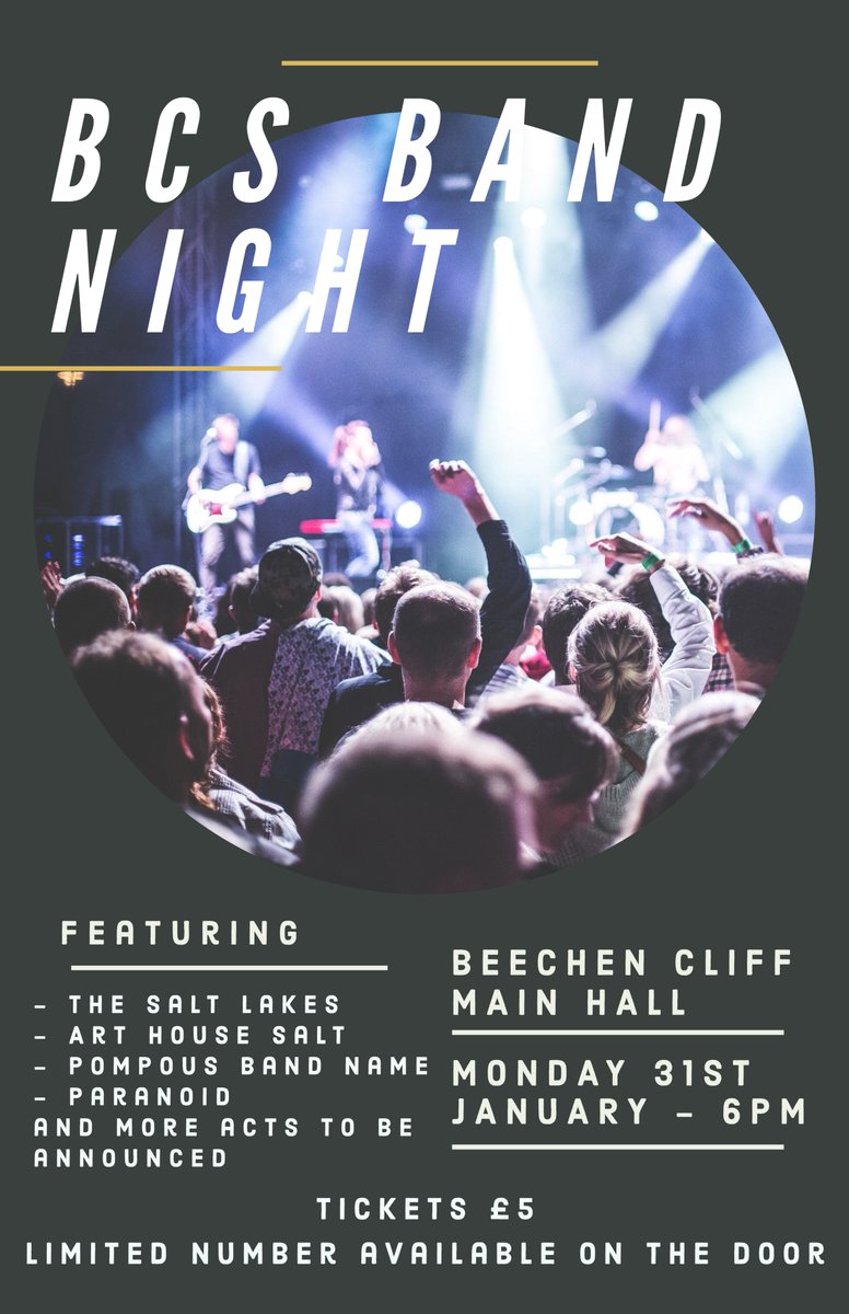 BeechenCliff's tweet photo. BCS Bands Night 2022, Monday 31st January at 6pm. Tickets available via ParentPay and a limited number on the door. https://t.co/kdFTWZmAmg