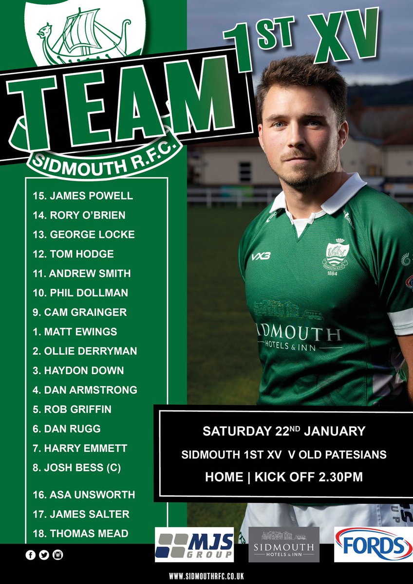 SidmouthRFC's tweet photo. π’ Team News - Hereβs the Sidmouth RFC 1st Team squad to play @OldPatesiansRFC this Saturday at the Blackmore. Kick off 2.30pm πππΌπ@philldollman @Yenz_2 @VX3apparel @JurassicPhysio @FordsSouthWest @Dukessidmouth #MJSGroup https://t.co/BKtGgGecsZ