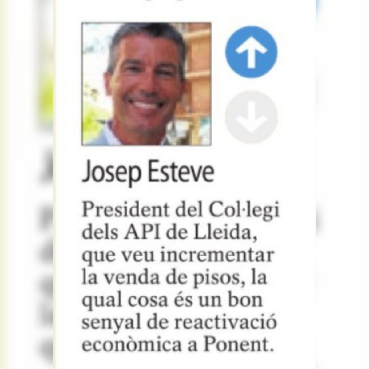 apilleida's tweet image. En el Segre d&apos;avui puja a l&apos;ascensor el nostre president, en Josep Maria Esteve, ja que assenyala una reactivació econòmica a Ponent, augurada entre d&apos;altres, per l&apos;increment en la venda de pisos.

#apiLleida #diarisegre #activacióeconòmica #sectorimmobiliari