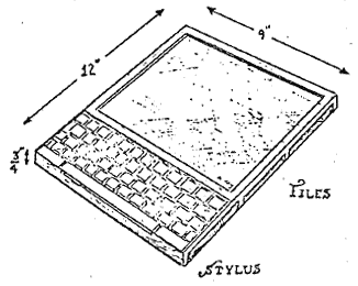 alan_kay123's tweet photo. Imagine having your own self-contained knowledge manipulator in a portable package the size and shape of an ordinary notebook. Here is my conceptual model of the first handheld multimedia computer which I call Dynabook. https://t.co/S4ZksgLuaj