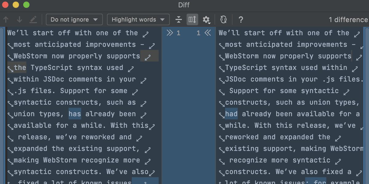 WebStormIDE's tweet image. Did you know that WebStorm has great tools for comparing different versions of not only files and folders, but any texts? Press ⇧⌘A / Ctrl+Shift+A, type `Open blank diff window`, and paste the text you want to compare. #WebStormTip