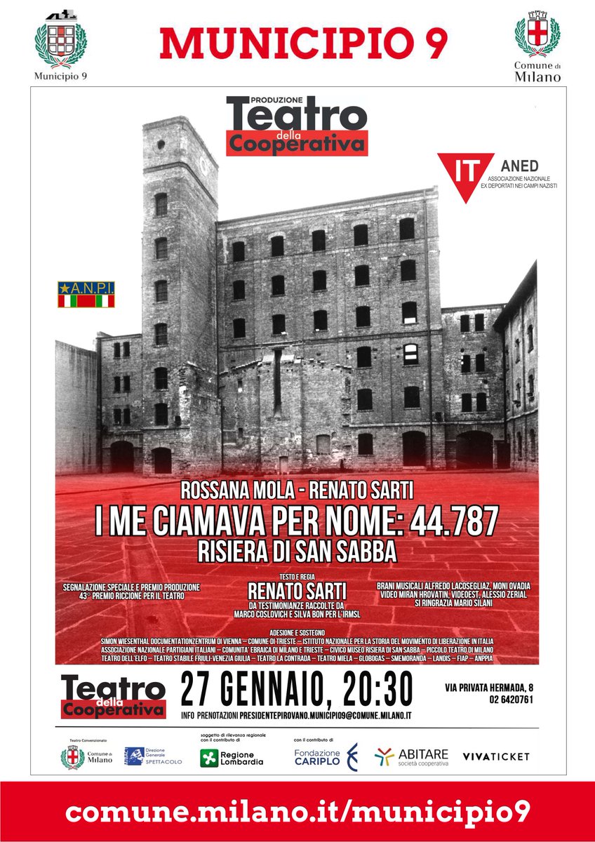 Grazie al #municipio9 del <a href="/ComuneMI/">Comune di Milano</a> una #replica speciale per il #GiornodellaMemoria. I me ciamava per nome: 44787 di <a href="/sartirenato/">Renato Sarti</a> in scena al #tdcooperativa il #27gennaio per tenere viva la #Memoria. #ControVenti #RisieradiSanSabba <a href="/ANED_Milano/">ANED</a> <a href="/Anpinazionale/">A.N.P.I. Nazionale</a>