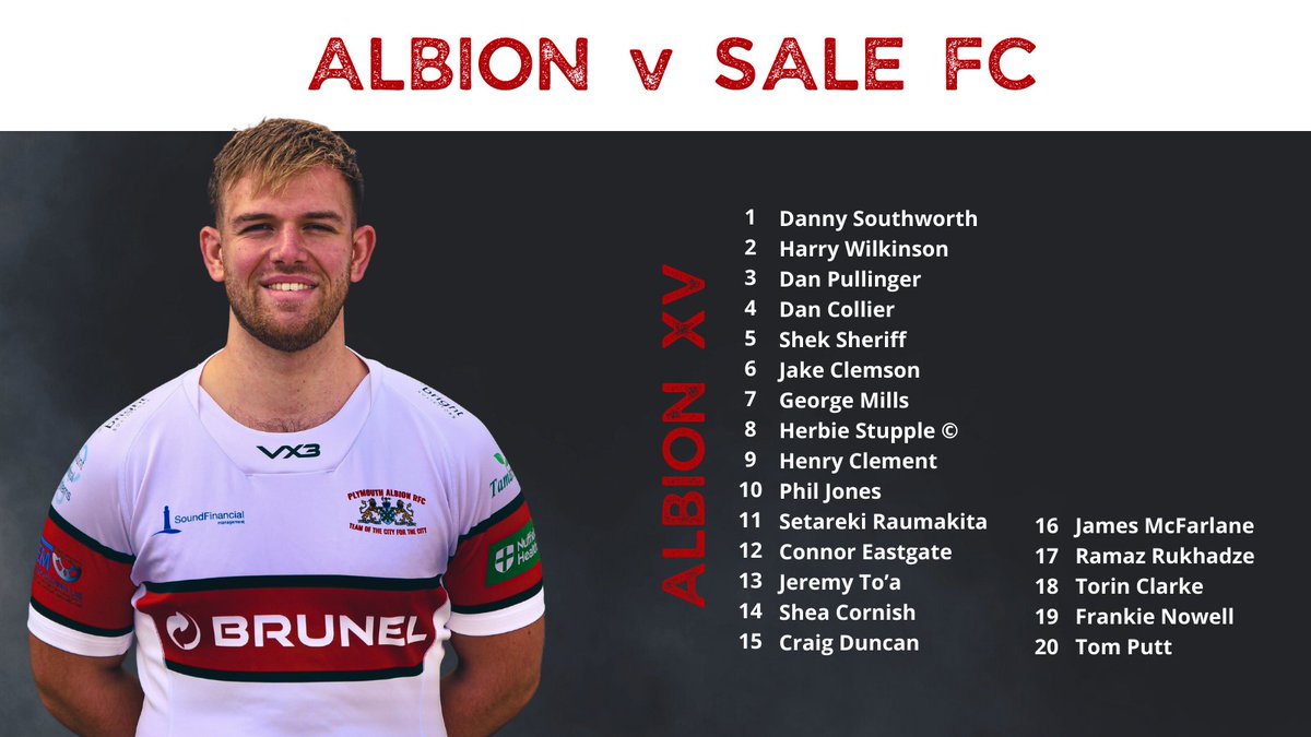 Albion_RFC's tweet photo. ⭐𝗧𝗘𝗔𝗠 𝗦𝗘𝗟𝗘𝗖𝗧𝗜𝗢𝗡⭐
Here's your starting team for our 3:00 PM kick-off against Sale FC tomorrow.
Book your tickets here - https://t.co/Dt9VpDVw6Z

Gates open at 12
Selected pints just £3 from 1:30 – 2:30
𝗞/𝗢 𝟯 𝗣𝗠
Half-time challenge &amp; Stu-Diverse sings postgame https://t.co/UFtfUk2z33