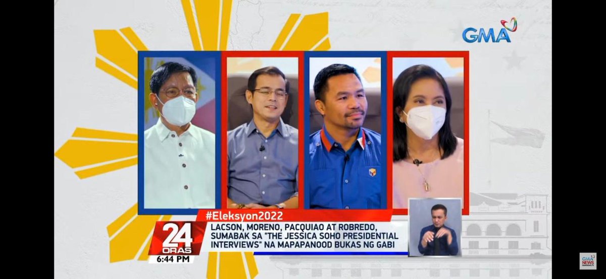 rapplerdotcom's tweet photo. Bongbong Marcos declined to show up for the GMA News Jessica Soho presidential interviews, @24OrasGMA reports. In a teaser for tomorrow's full program, Soho says they invited the 5 highest ranking candidates but only Lacson, Moreno, Pacquiao and Robredo accepted. | via @lianbuan https://t.co/5y2UnCoI53