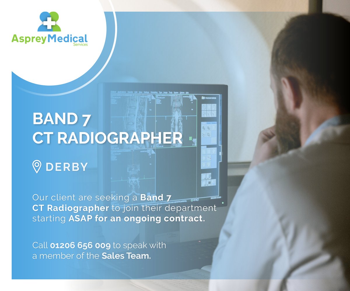AspreyMedical's tweet photo. NEW JOB ALERT 📢

Asprey Medical Services Ltd are seeking a Band 7 CT Radiographer for our client in Derby!

For further information contact us on 01206 656009 or visit https://t.co/kfmtjbESvM 

#radiographer #radiographerjobs #ctradiographer #medicalrecruitment https://t.co/46xb9CtsUo