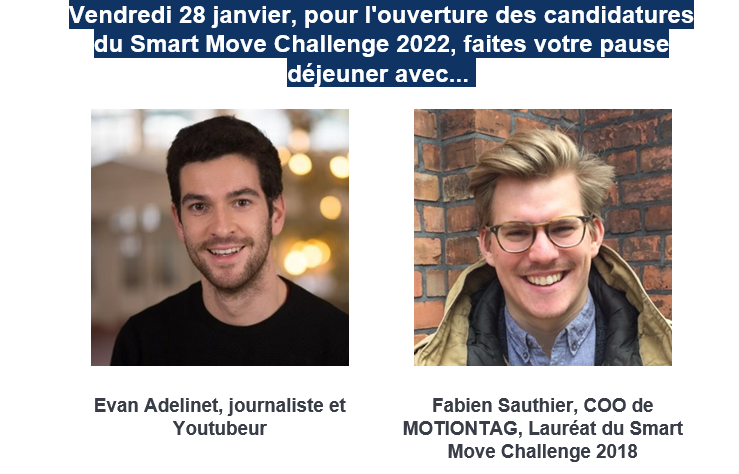 EuMoExpo's tweet photo. 🚀Rendez-vous le 28/01 à 12h30 pour le lancement du #SmartMoveChallenge, le concours de #startups de la #mobilité du #EuMo2022. Fabien Sauthier de @MOTIONTAG, Lauréat 2018, répondra à @evandebretagne. Ils parleront entreprenariat, innovation, mobilité👉https://t.co/bQpqhACDpn https://t.co/vv2LdU0Nif