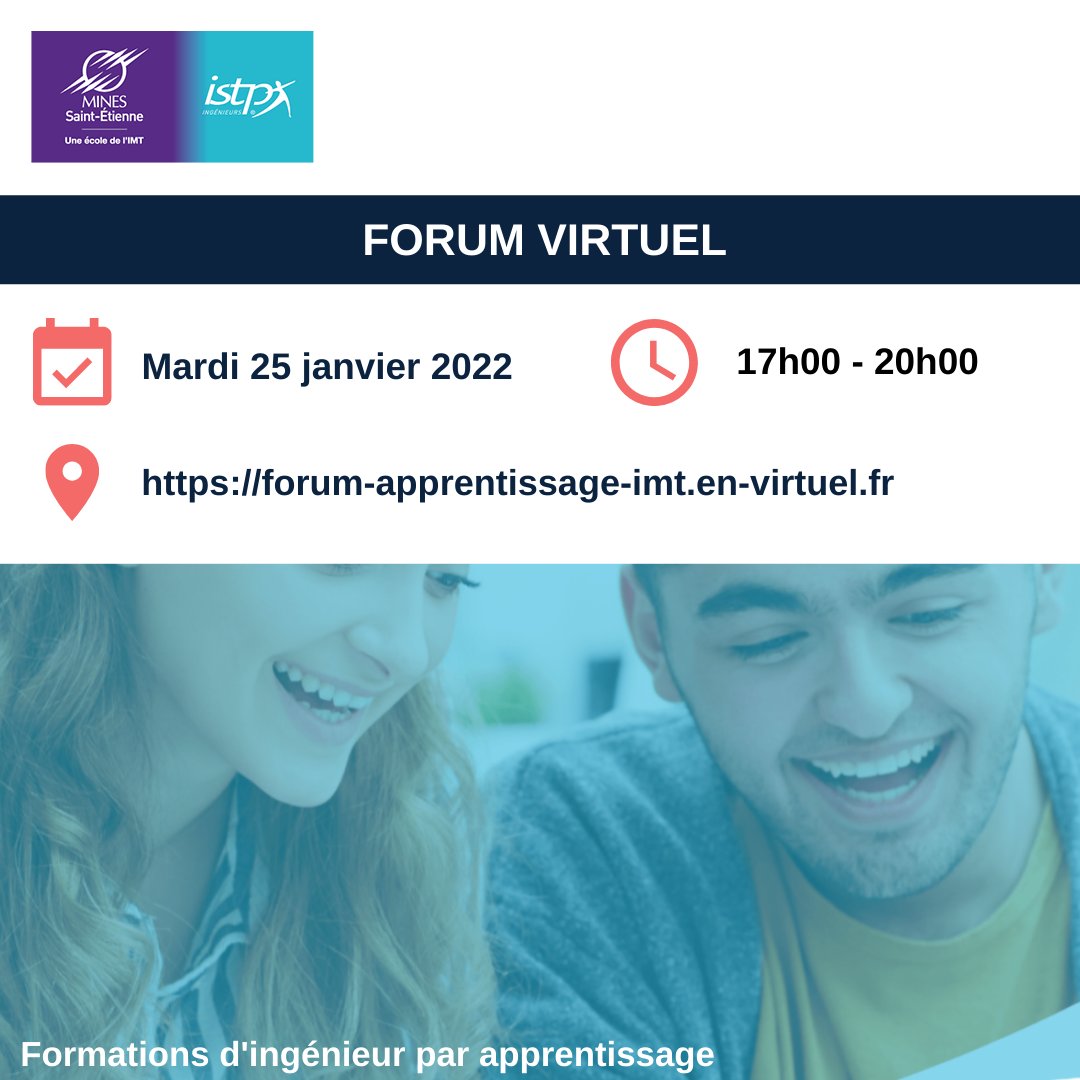 Les écoles de l’<a href="/IMT/">IMTIAZ</a> et de son réseau organisent un #forumvirtuel dédié à leurs formations d’#ingénieur par la voie de l’#apprentissage.
RDV tous les mardis soir pendant 3 semaines
Prochain forum : mardi 25 janvier 2022 de 17h à 20h !

Plus d’infos : forum-apprentissage-imt.en-virtuel.fr