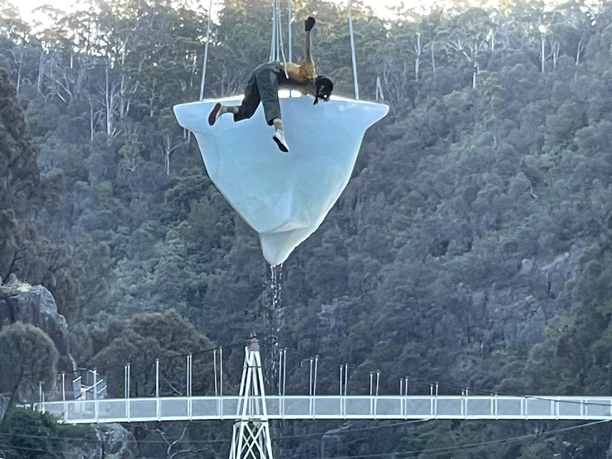 subbie's tweet photo. Thaw, created by Legs on the Wall. A woman, alone on a melting iceberg. A very cool call to act on climate @MONAFOMA ❄️🔥 ‘No Time to Waste.’ #launceston #cataractgorge #thaw #monafoma https://t.co/PBW2YGxnHE