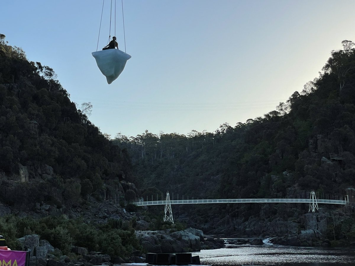 subbie's tweet photo. Thaw, created by Legs on the Wall. A woman, alone on a melting iceberg. A very cool call to act on climate @MONAFOMA ❄️🔥 ‘No Time to Waste.’ #launceston #cataractgorge #thaw #monafoma https://t.co/PBW2YGxnHE