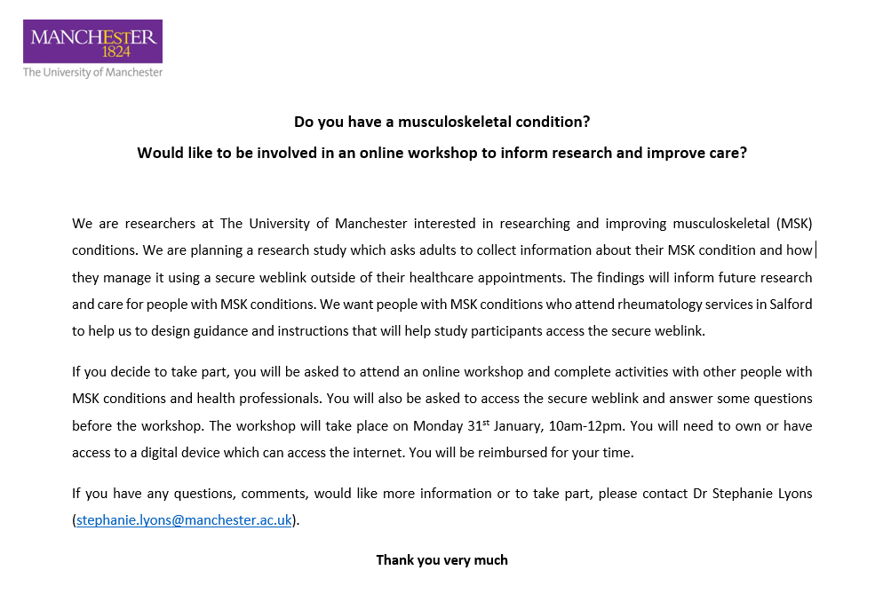 CfE_UoM's tweet photo. Do you have a #musculoskeletal condition and receive care in #Salford? 

Take part in our #workshop to inform #research and improve care! You will be reimbursed for your time.

Email stephanie.lyons@manchester.ac.uk for more information.

#GetInvolved #WeAreVersusArthritis #PPI https://t.co/yOUWLthtrL