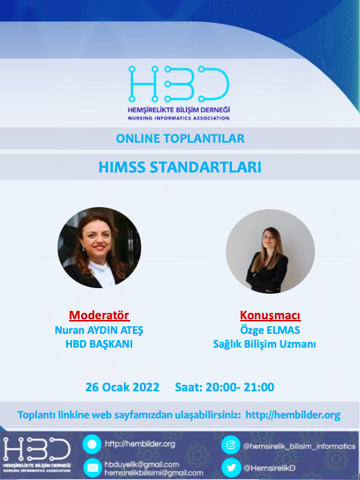 Hembilder's tweet photo. Hemşirelik Bilişim Derneği olarak düzenlediğimiz Online Toplantılar Serimizde 2022 yılının ilk toplantısı "HIMSS Standartları" konulu toplantımız ile başlıyor. Bekleriz :)
Toplantı detaylarımız web sayfamızdadır: https://t.co/faEKXGEhnh https://t.co/j2MBNSEQIi