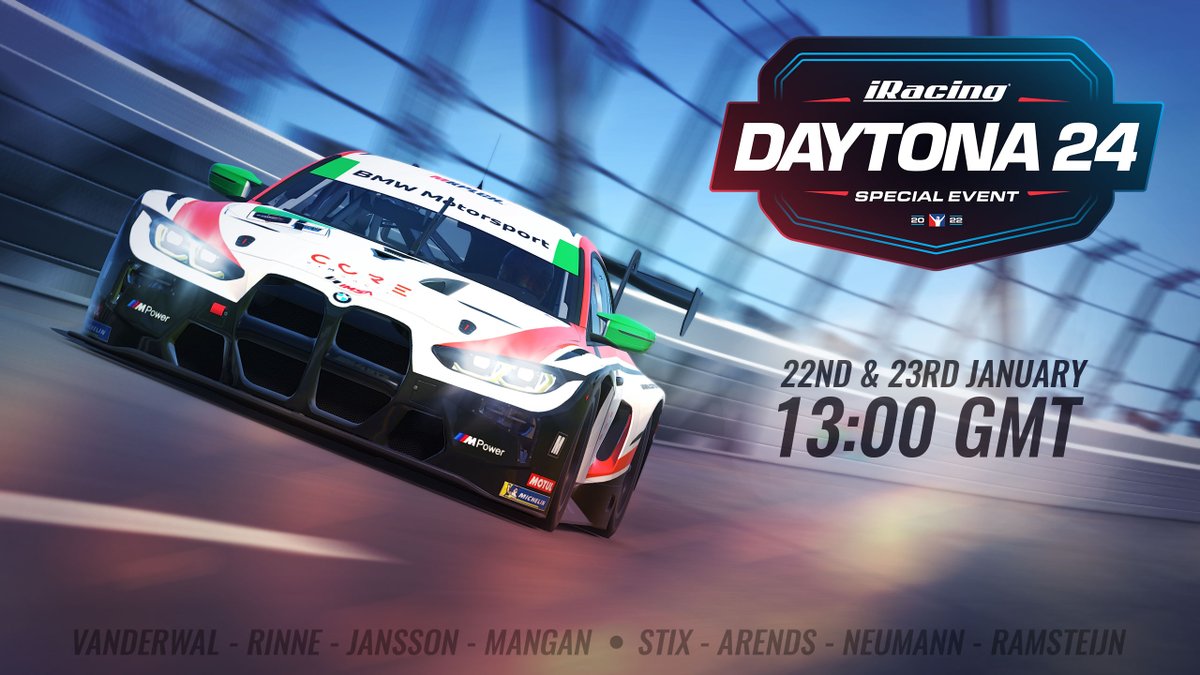 CoRe SimRacing 🔶 (@coresimracing) on Twitter photo #DAYTONA24 | The 2022 <a href="/iRacing/">iRacing</a> <a href="/DAYTONA/">Daytona International Speedway</a> 24H starts tomorrow 13:00 GMT! Watch live on <a href="/RaceSpotTV/">RaceSpot TV</a> & make sure to follow our two CoRe <a href="/BMWMotorsport/">BMW M Motorsport</a> M4 GT3 machines! 🏁 🔥
<a href="/Allertvdw/">Allert van der Wal</a> <a href="/oskaririnne1/">Oskari Rinne</a> <a href="/CarlJansson29/">Carl Jansson</a> <a href="/oscarmangan99/">Oscar Mangan</a> / @pascalstix <a href="/thommsA/">Thomas Arends</a> <a href="/SvenFreak/">Sven</a> <a href="/MaximRamsteijn/">Maxim Ramsteijn</a> #DAYTONA24 | The 2022 <a href="/iRacing/">iRacing</a> <a href="/DAYTONA/">Daytona International Speedway</a> 24H starts tomorrow 13:00 GMT! Watch live on <a href="/RaceSpotTV/">RaceSpot TV</a> & make sure to follow our two CoRe <a href="/BMWMotorsport/">BMW M Motorsport</a> M4 GT3 machines! 🏁 🔥
<a href="/Allertvdw/">Allert van der Wal</a> <a href="/oskaririnne1/">Oskari Rinne</a> <a href="/CarlJansson29/">Carl Jansson</a> <a href="/oscarmangan99/">Oscar Mangan</a> / @pascalstix <a href="/thommsA/">Thomas Arends</a> <a href="/SvenFreak/">Sven</a> <a href="/MaximRamsteijn/">Maxim Ramsteijn</a>
