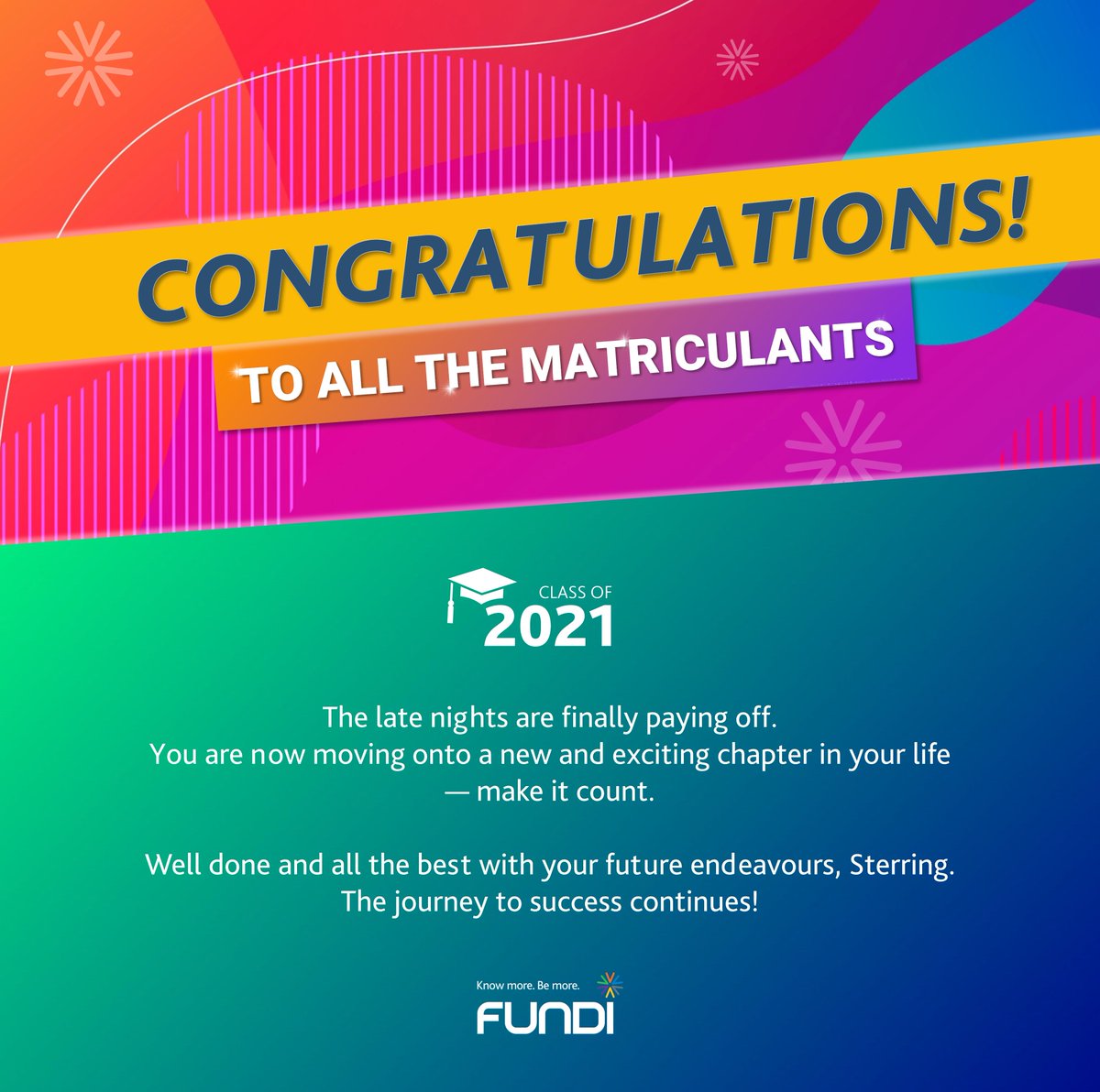 2021 was one of the toughest year's, as students faced variants, social distancing, online learning, and general pandemic anxiety...yet the human spirit still shines & 2021 matric graduates soared and conquered! Well done Class of 2021 #matricresults2021 #matric2021