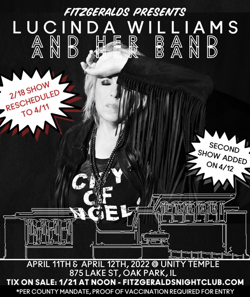 FitzGeraldsClub's tweet photo. RESCHEDULED + 2nd SHOW ADDED!!
Lucinda Williams at Unity Temple in Oak Park, IL, has been rescheduled from 2/18 to April 11th, 2022. All tickets will automatically transfer to the new date. https://t.co/HD8bqmn8fl
