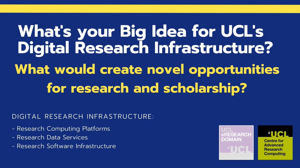eResearch UCL (@eresearch_ucl) on Twitter photo What is your Big Idea for UCL’s Digital Research Infrastructure? What would transform research in your discipline? Submit your EoI to let us know!!
Info Webinar: 7 Feb
Deadline 11 March
<a href="/eResearch_UCL/">eResearch UCL</a> <a href="/ucl_arc/">UCL Advanced Research Computing Centre</a>
ucl.ac.uk/research/domai… What is your Big Idea for UCL’s Digital Research Infrastructure? What would transform research in your discipline? Submit your EoI to let us know!!
Info Webinar: 7 Feb
Deadline 11 March
<a href="/eResearch_UCL/">eResearch UCL</a> <a href="/ucl_arc/">UCL Advanced Research Computing Centre</a>
ucl.ac.uk/research/domai…