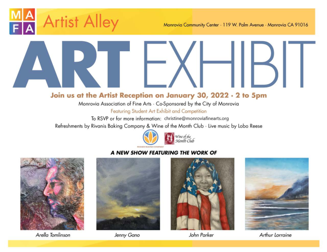 Presenting, MAFA Artist Alley Art Exhibit- January 30th from 2-5pm! Featuring Arella Tomlinson🎨 Don't miss out, RSVP today! Join Our Newsletter conta.cc/3Ab0TfW visit monroviacc.com to sign up! 📩