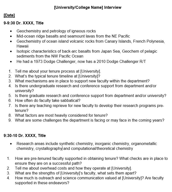 I've seen a few folks already stating they have on-campus interviews coming up, so here's how I prepped for these. I always made a 'Faculty Profiles' document, which is a combo schedule/info sheet/questionnaire to keep me focused and on-track during interviews.