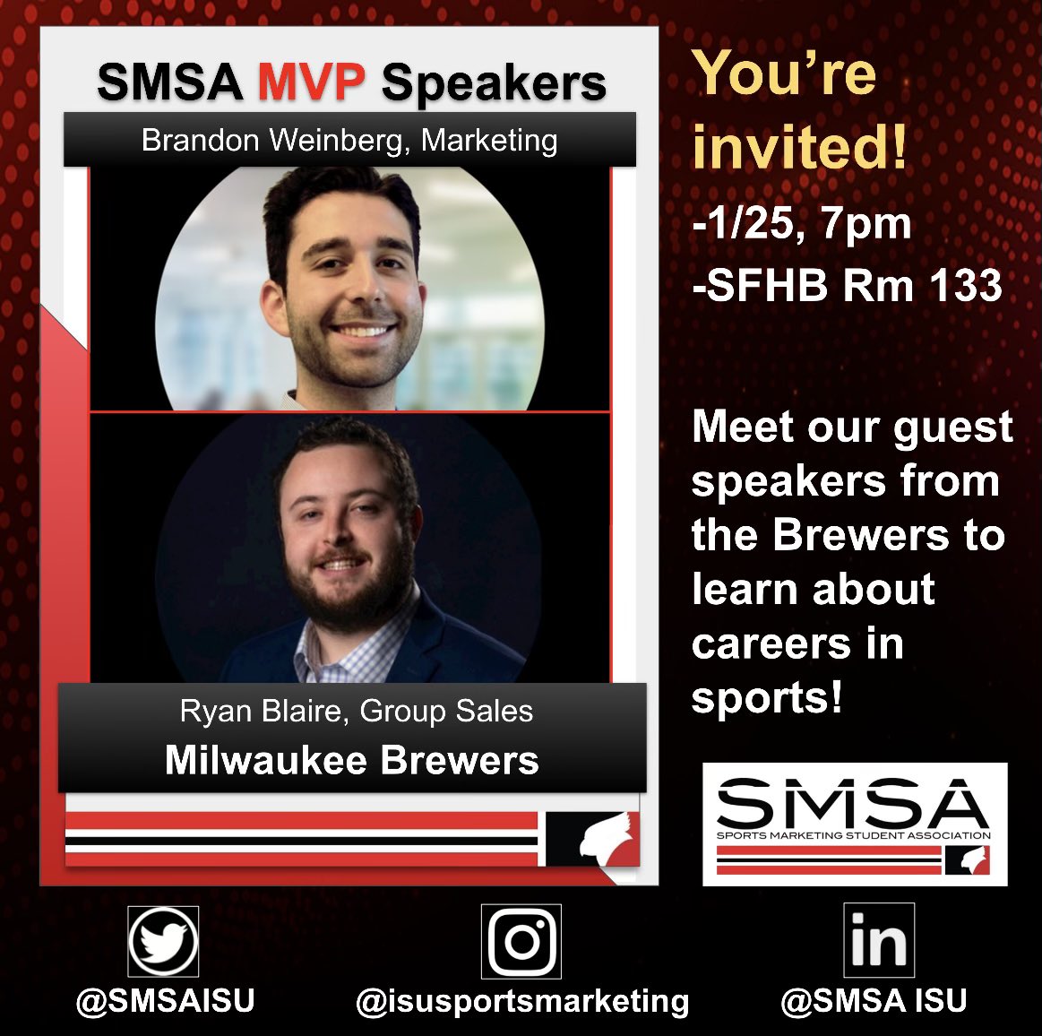 Please join us at our next meeting this upcoming Tuesday, January 25th, at 7pm in SFHB room 133. All are welcome! Our guest speakers this week are from the Milwaukee Brewers organization and afterwards we will be discussing the trip to the bulls game and semester plans