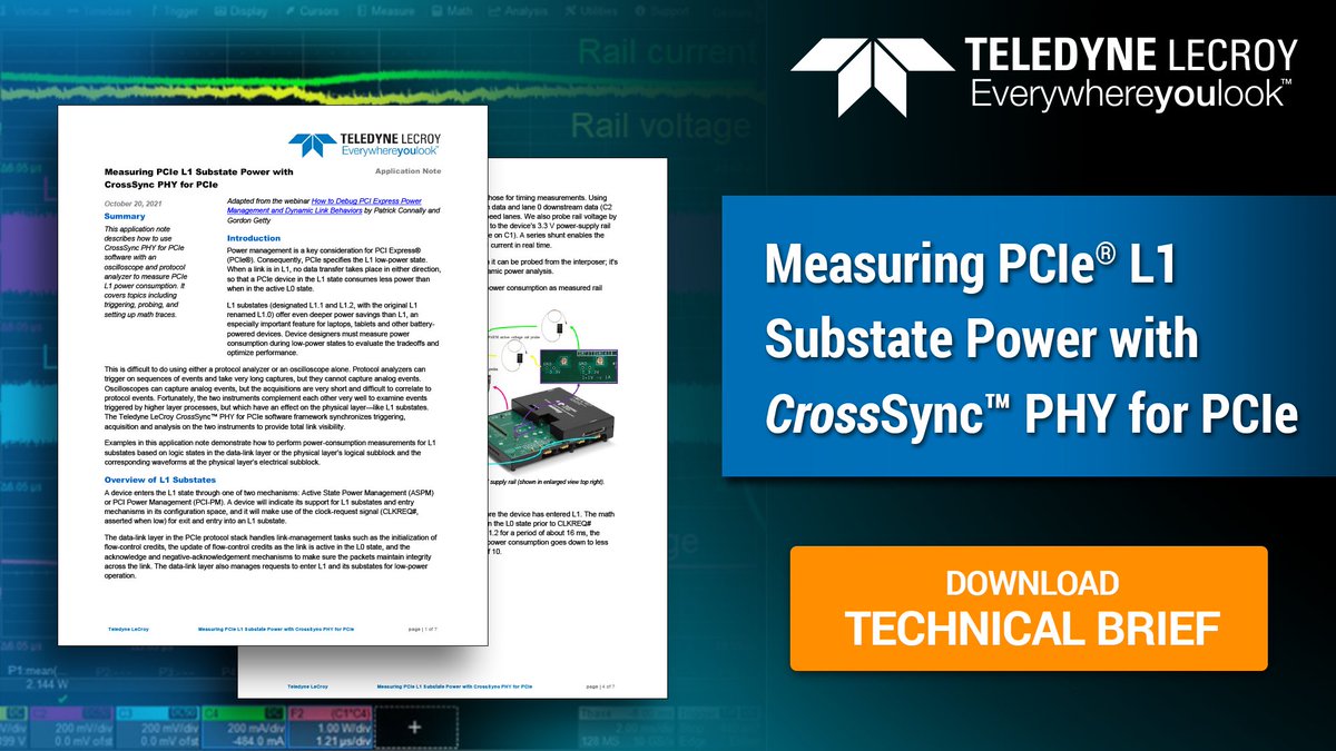TeledyneLecroy's tweet image. In this application note we show you how to use and #oscilloscope and #protocolanalyzer to measure #PCIe L1 power consumption. Read it here>> lcry.us/3GPkch7
#HighSpeedDigital #PCIexpress #PCIeGen5 #PCIeGen4 #engineering