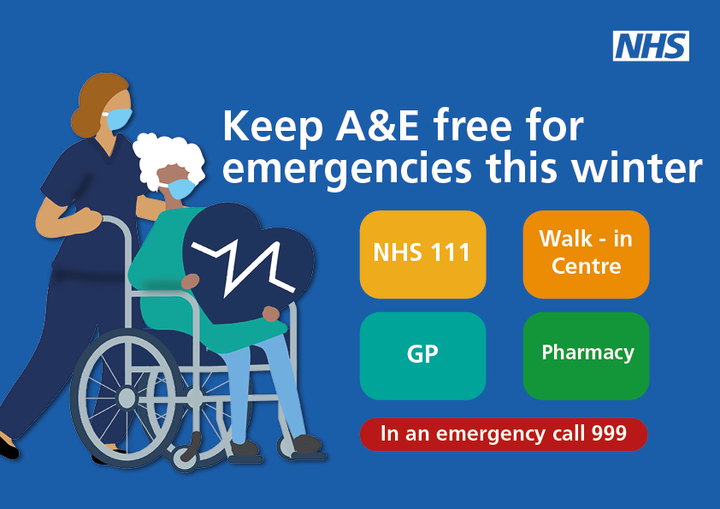 Help us to help you by ensuring you are seeking help from the most appropriate health services. Only attend A&amp;E if seriously ill or injured. If you are unwell visit NHS 111 online - 24/7 advice. If it’s not an emergency you can also attend a walk-in, see a GP or visit a pharmacy.