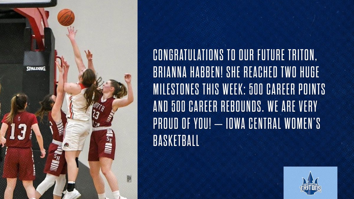IowaCentralWBB's tweet photo. We need a round of 👏 for these future Tritons! 

These ladies had a HUGE week! We are so excited to share that Bri hit the 5️⃣0️⃣0️⃣ milestone in career points &amp; career rebounds and Kaitlyn hit 1️⃣0️⃣0️⃣0️⃣ career points!! 

#ThatsTriton #RTR #TritonNation 🔱 https://t.co/rH2xjVwLcn