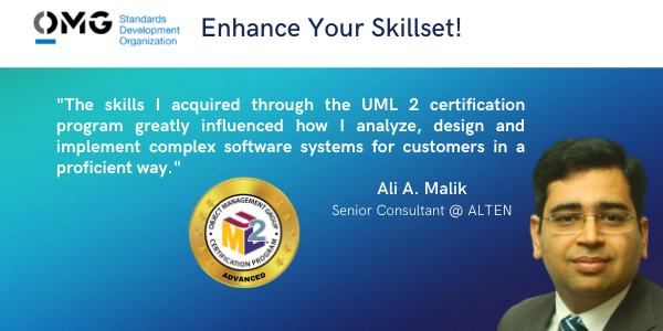 ObjectMgmtGroup's tweet photo. 🥇 We take this moment to recognize Ali A. Malik for becoming our most recent UML 2 Certification Champion. He truly is a UML 2 guru! Well done sir! #OMG #UML2
OMG Certifications: https://t.co/7sRCDURp9v https://t.co/XDbkyEEQgi