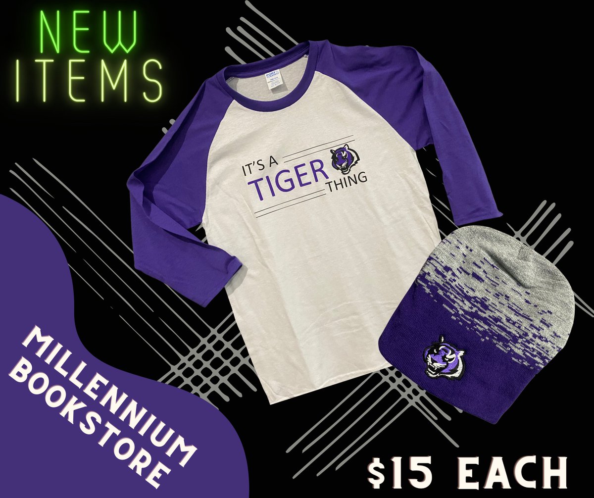 💜🖤🐯New Spiritwear🐯🖤💜

Our bookstore has new spiritwear items in our bookstore for $15 each! Stop on by and pick up yours today!

<a href="/MHSStuco_/">MHS Student Council ‼️</a> 

#MHS #MillenniumHS #MillenniumTigers #ThisIsMillennium #MillenniumSpiritwear