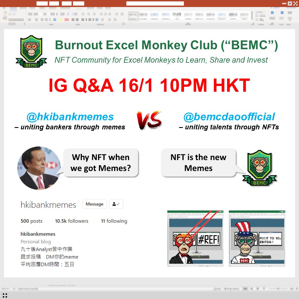 BemcDaoOfficial's tweet photo. We are super excited to announce a partnership with @hkibankmemes, a renowned influencer platform in Hong Kong for the banking industry.

A great way to recap our last live debate on NFT with more than 180+ audience joining the IG livestream! https://t.co/5F2GMCLFGj
