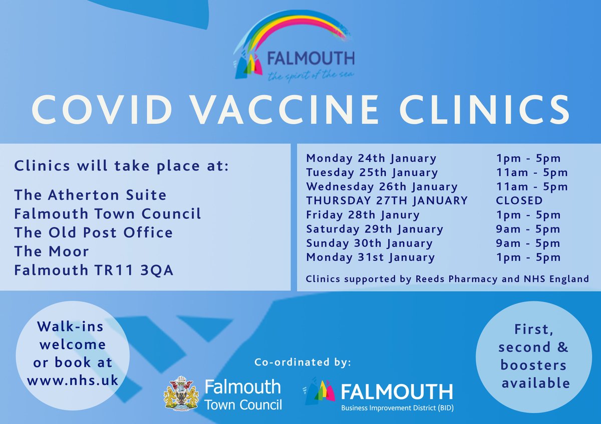 FalmouthTownUK's tweet photo. The Covid vaccine clinics will be running again next week but we've added some EXTRA DATES! In line with the NHS 'Grab a Jab' campaign, clinics will now run until the end of January. However, the clinic will be closed on Thursday 27th January. #lovefalmouth #doitforcornwall https://t.co/ZLvkxvpixu