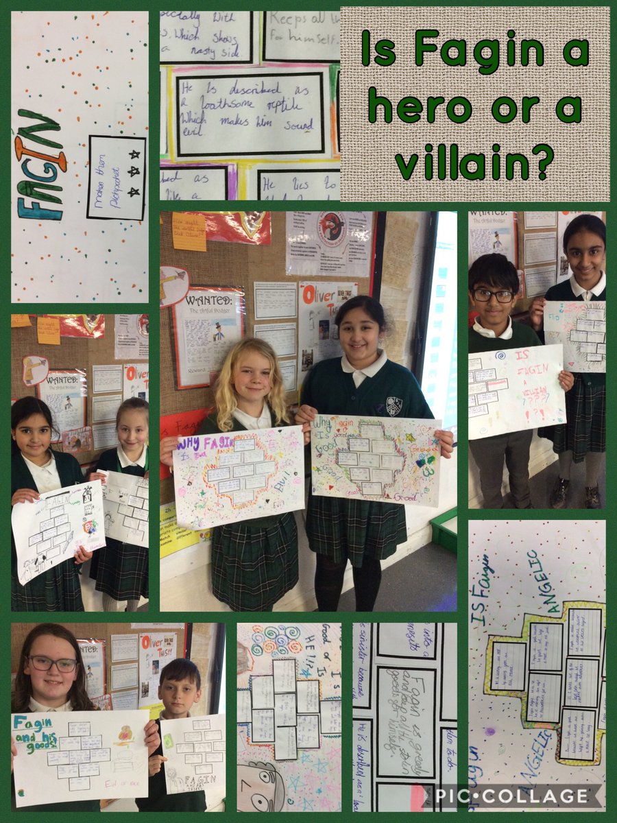 SJSNelson's tweet photo. This week as part of their Oliver Twist unit Year Five began to explore the question 'Is Fagin a hero or a villain?' They had some amazing responses and used the text to back up their points of view! Well done Year Five! 💚 #OliverTwist #WeLoveReading https://t.co/r0rmvEi3ZQ