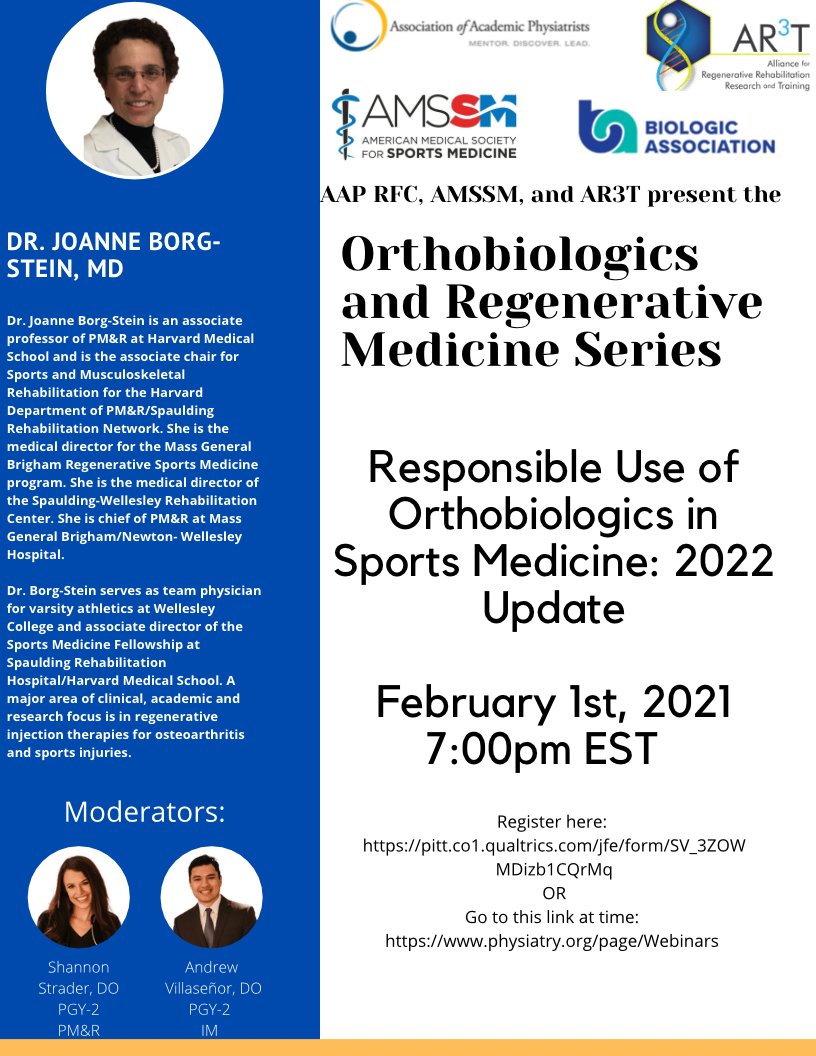 We are now down to the last three webinars in the series! Excited for the collaboration with AMSSM 🔬🧬🩺<a href="/TheAMSSM/">AMSSM</a> <a href="/BiologicAssoci1/">Biologic Association</a> <a href="/AR3T_P2C/">AR3T-Alliance for Regen Rehab Research & Training</a> <a href="/HarvardSRH_PMR/">Spaulding PM&R Residency</a> <a href="/SpauldingRehab/">Spaulding Rehab</a> <a href="/UofLPMR/">UofL Physical Medicine & Rehabilitation</a> <a href="/AAPhysiatrists/">Assoc. of Academic Physiatrists (AAP)</a> <a href="/villageman2e/">Andrew Villaseñor, DO</a> <a href="/AAPhysiatry_RFC/">AAP Resident Fellow Council PM&R</a>