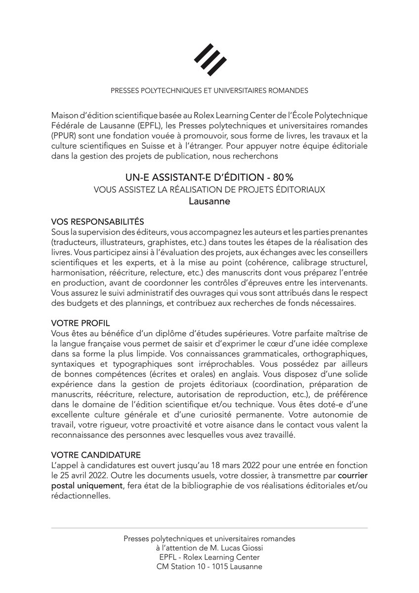MayYangEPFL's tweet photo. ON RECRUTE !
Ce que l'annonce ne dit pas :
- les catalogues sont enthousiasmants, 
- l'équipe est dynamique &amp; bienveillante,
- les locaux sont lauréats du plus prestigieux prix d'architecture,
- l'environnement est le parfait équilibre entre ville et nature.
@EPFLPRESS @Ed_quanto https://t.co/ICwftTXTyZ