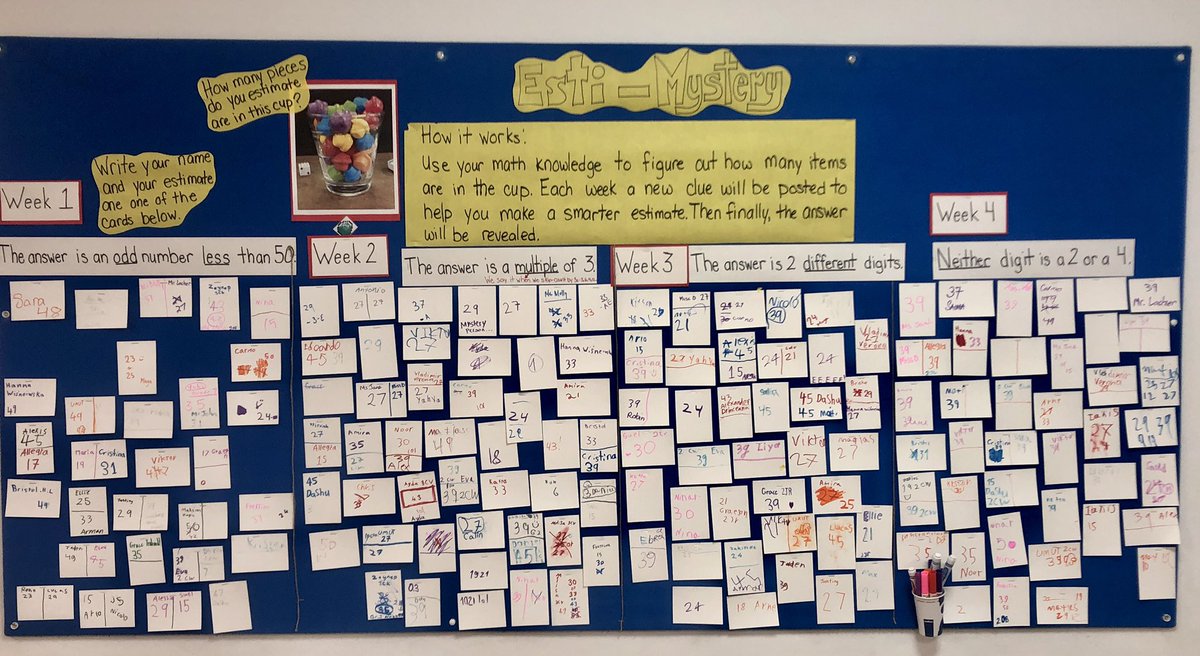 Our hallway conversations have been amped up with rich math conversations from both #students and #teachers as we added a new clue to our #estimysteries board each week. #communitybuilding <a href="/SteveWyborney/">Steve Wyborney</a>