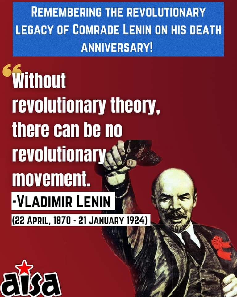 AISA_tweets's tweet photo. AISA remembers the revolutionary legacy of Comrade Lenin on his death anniversary!

Lenin is a beacon of hope in these trying times for the oppressed all over the world, to struggle against fascism, imperialism and any and all forms of exploitation. https://t.co/Bpj70QLofW
