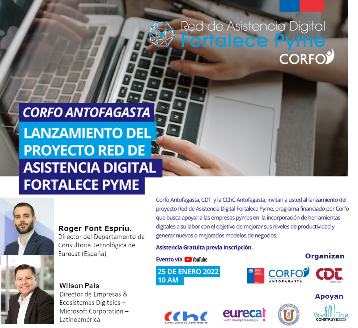 Atención Antofagasta! Te invitamos este 25 de Enero a las 10 AM al lanzamiento de la Red de Asistencia Digital Fortalece Pyme Antofagasta. Evento gratuito previa inscripción en: forms.gle/u6DEcFda7puB4Q…