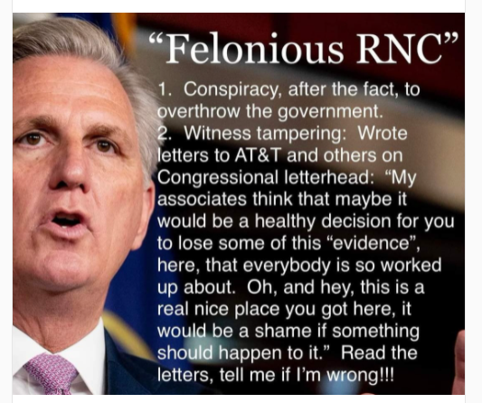 This is bothering me. Why was Kevin McCarthy @GOPLeader  allowed to make threats to corporations who cooperated with the 1/6 Commission? Stop cherry picking criminals, DOJ, and arrest them as they commit crimes, just like you would with anyone else.