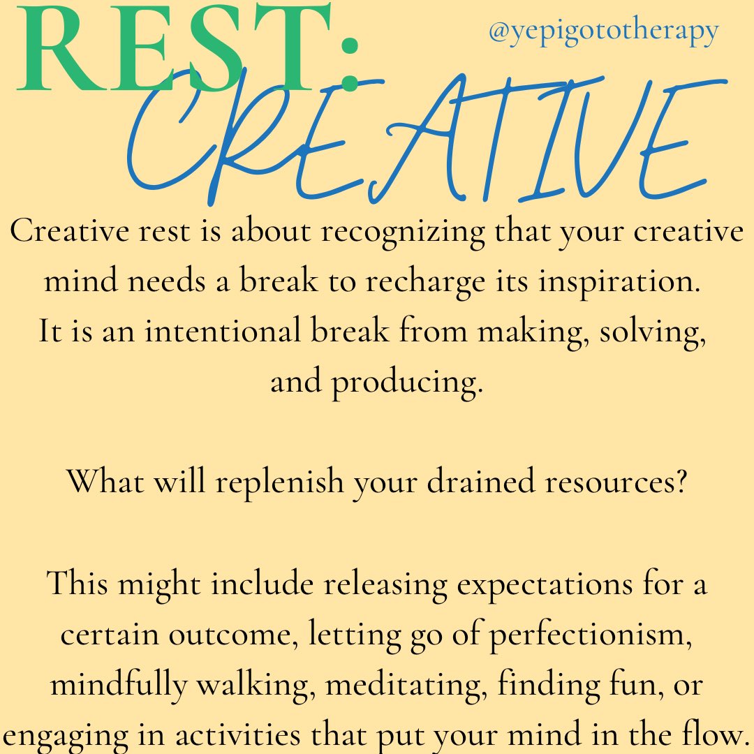 JulietIsTheSun's tweet photo. Part 4/7 types of #rest ❤️ Find your #inspiration get in the #FLOW Recharge to make #creative connections &amp; brainstorm. #mentalhealth #therapy https://t.co/d10YgDJodJ