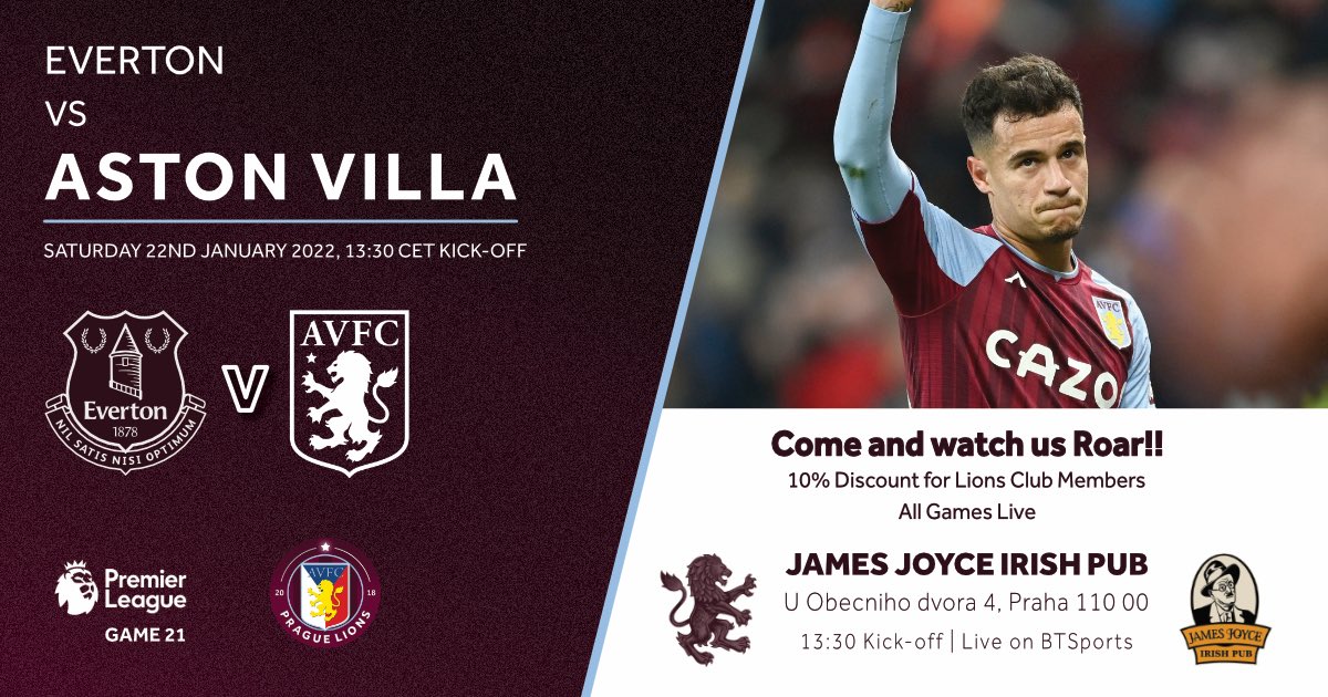Game #21 <a href="/premierleague/">Premier League</a> for <a href="/AVFCOfficial/">Aston Villa</a> v <a href="/Everton/">Everton</a>. Still the most played top flight fixture and probably a tougher contest than some believe! 3pts pls boys! Join us for beers, cheers and a smattering of footy banter <a href="/JamesJoycePraha/">James Joyce Prague</a> - 13:00 CET 🇨🇿

#AVFC #UTV #COYL