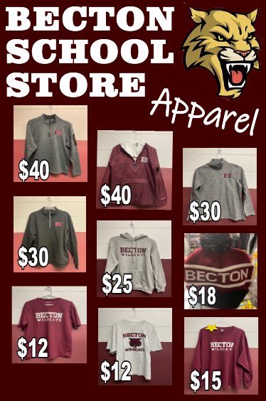 ATTENTION ALL WILDCAT FANS!! 
Apparel is in!! Visit the school store after school to purchase new Becton gear 🐾🐾🐾 #GoWildcats #BectonPride