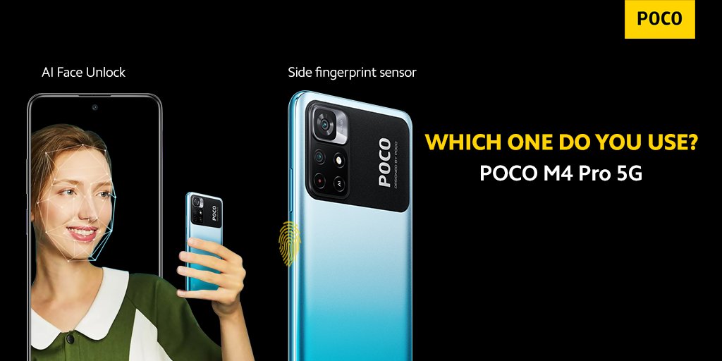 PocoPakistan's tweet photo. #POCOM4Pro 5G comes with a side-fingerprint sensor as well as AI face unlock, which one do you use more often? #POCOPakistan #PowerUpYourFun https://t.co/23CS11u84Y