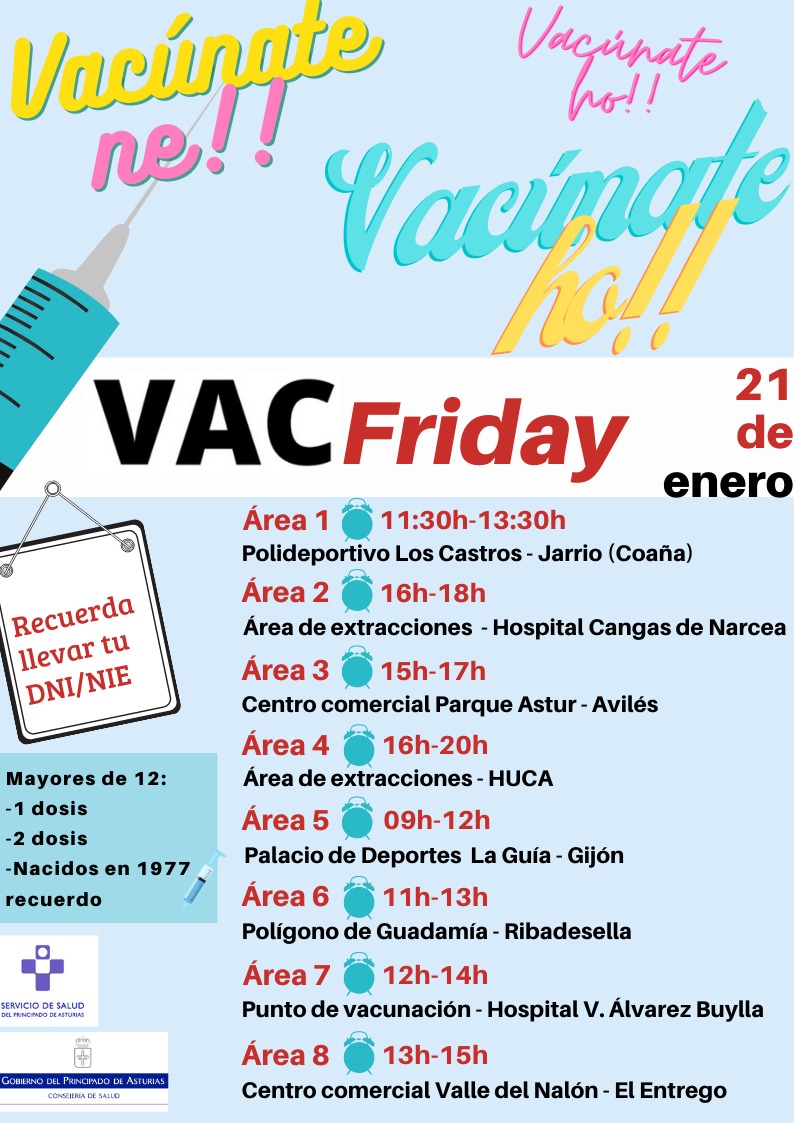 astursalud's tweet photo. 🚨🚨Hoy #VacFriday🚨🚨
📍🕐Ubicaciones y horarios para recibir sin cita previa la vacuna frente a la #COVID19
📢Compártelo👇🏼👇🏼 https://t.co/BFo4HXdINs